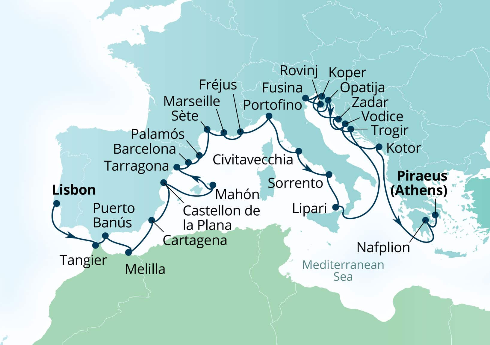 Seabourn Ovation Voyage 8930C Lisbon, Portugal to Piraeus (Athens), Greece itinerary map, April 5-May 5 2029