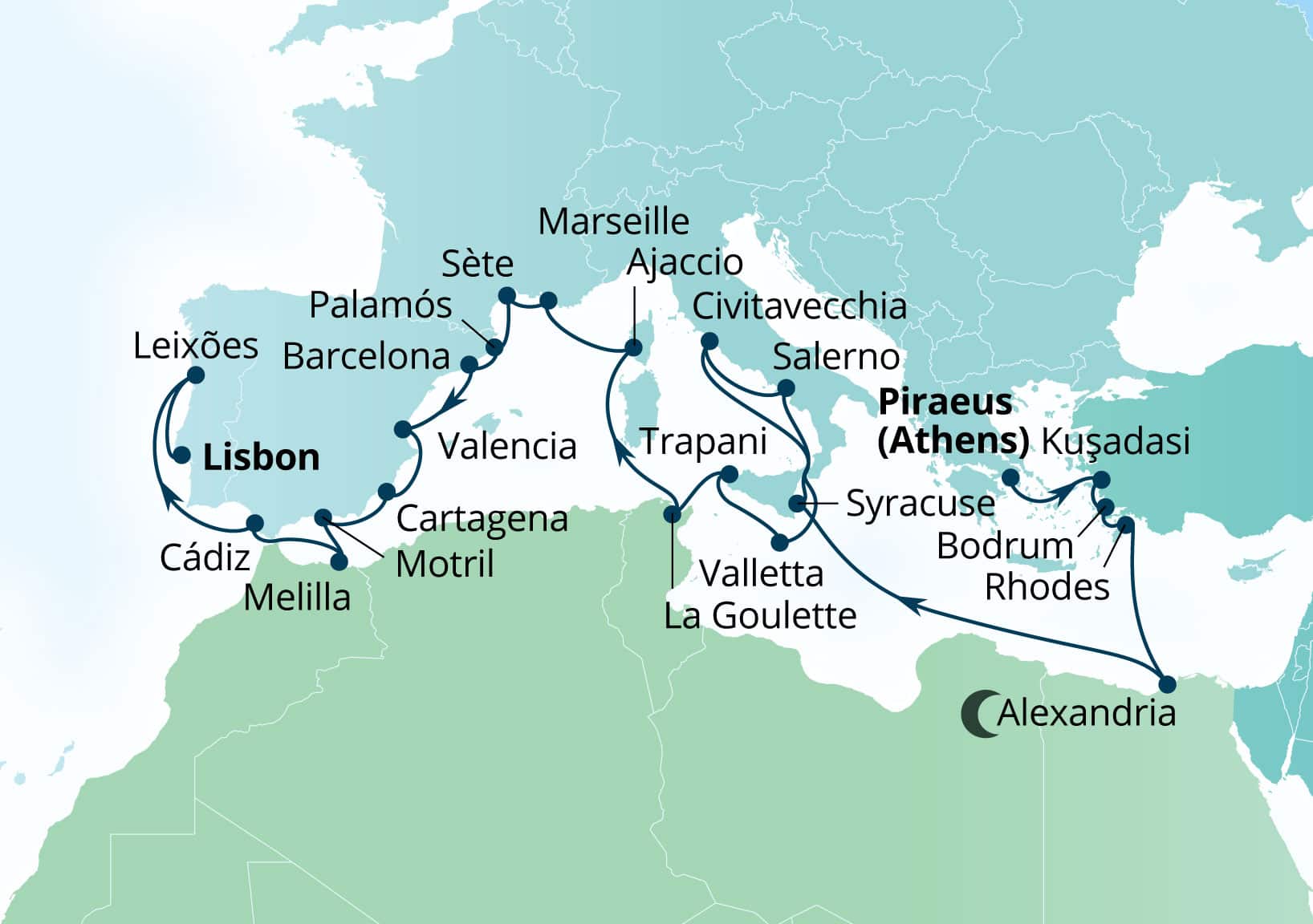 Seabourn Ovation Voyage 8977B Piraeus (Athens), Greece to Lisbon, Portugal itinerary map, October 27-November 26 2029