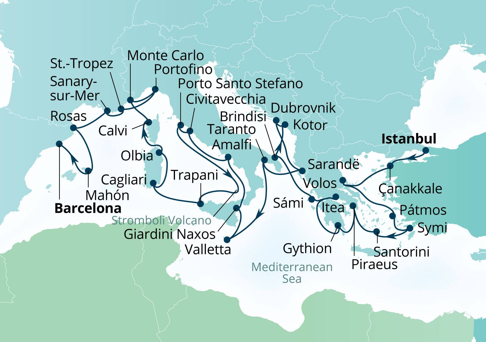 Seabourn Ovation Voyage 8937D Istanbul, Turkey to Barcelona, Spain itinerary map, May 12-June 16 2029