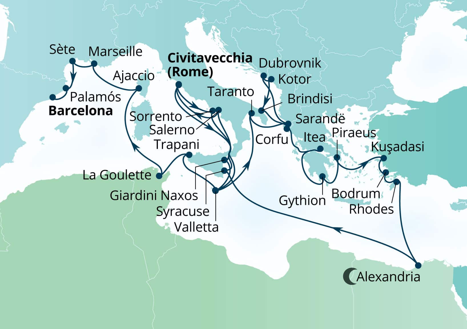 Seabourn Ovation Voyage 8975C Civitavecchia (Rome), Italy to Barcelona, Spain itinerary map, October 13-November 17 2029