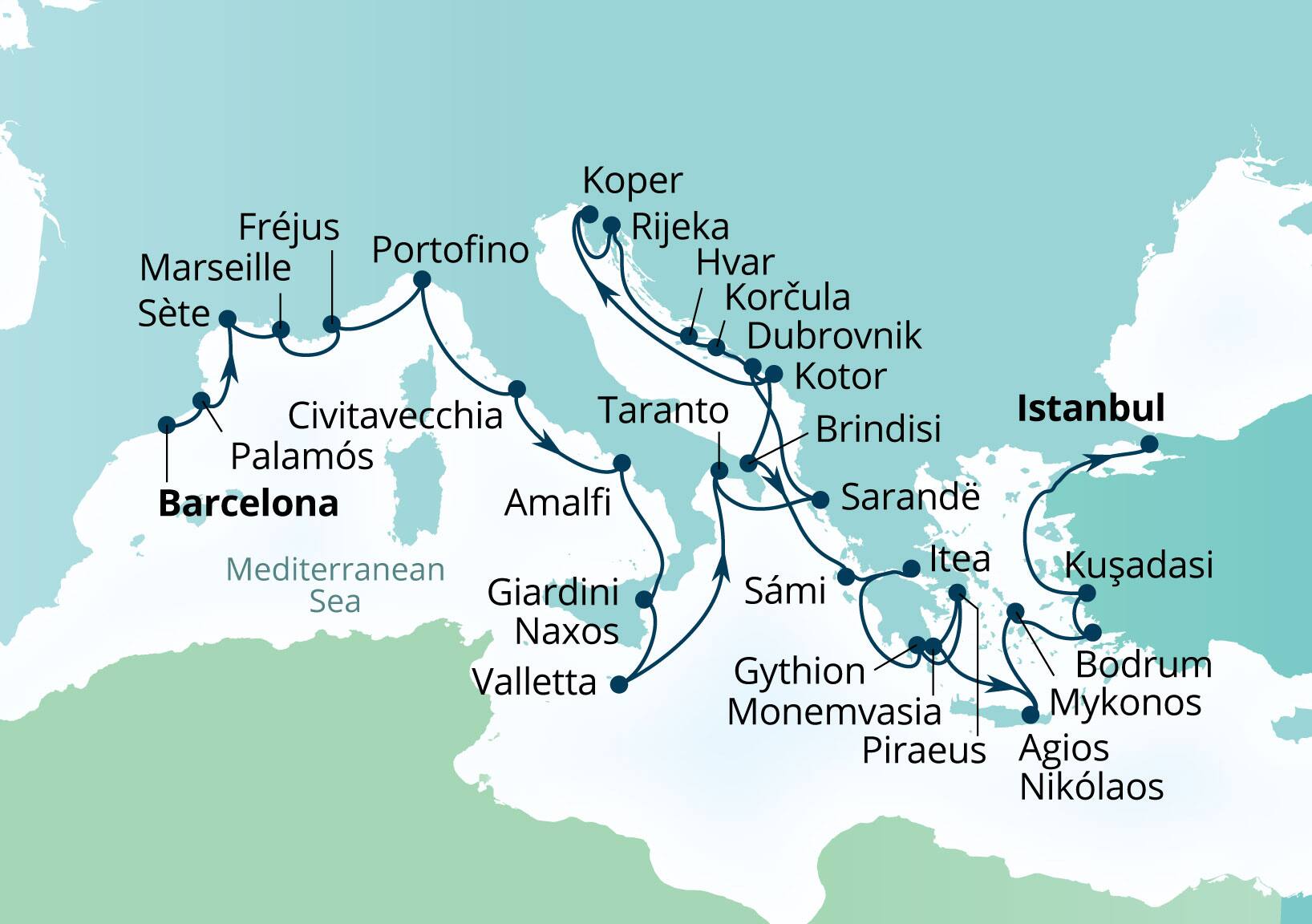 Seabourn Ovation Voyage 8961D Barcelona, Spain to Istanbul, Turkey itinerary map, August 18-September 22 2029