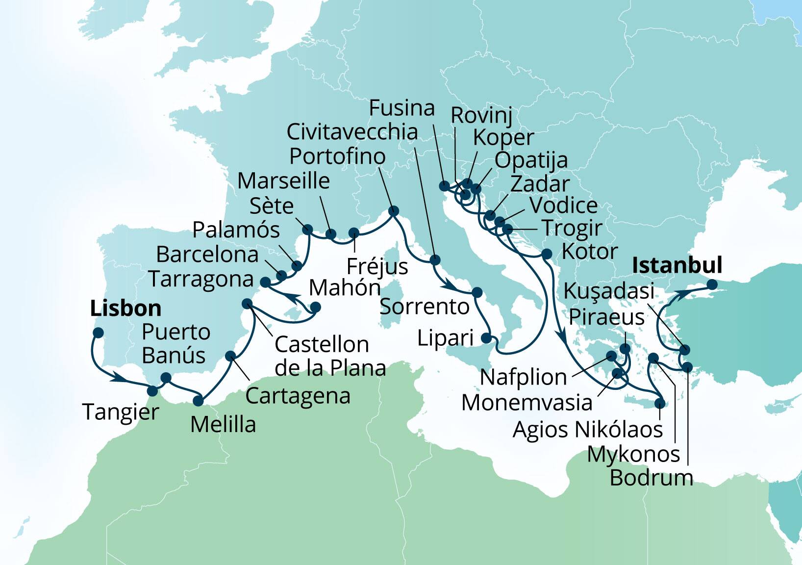 Seabourn Ovation Voyage 8930D Lisbon, Portugal to Istanbul, Turkey itinerary map, April 5-May 12 2029