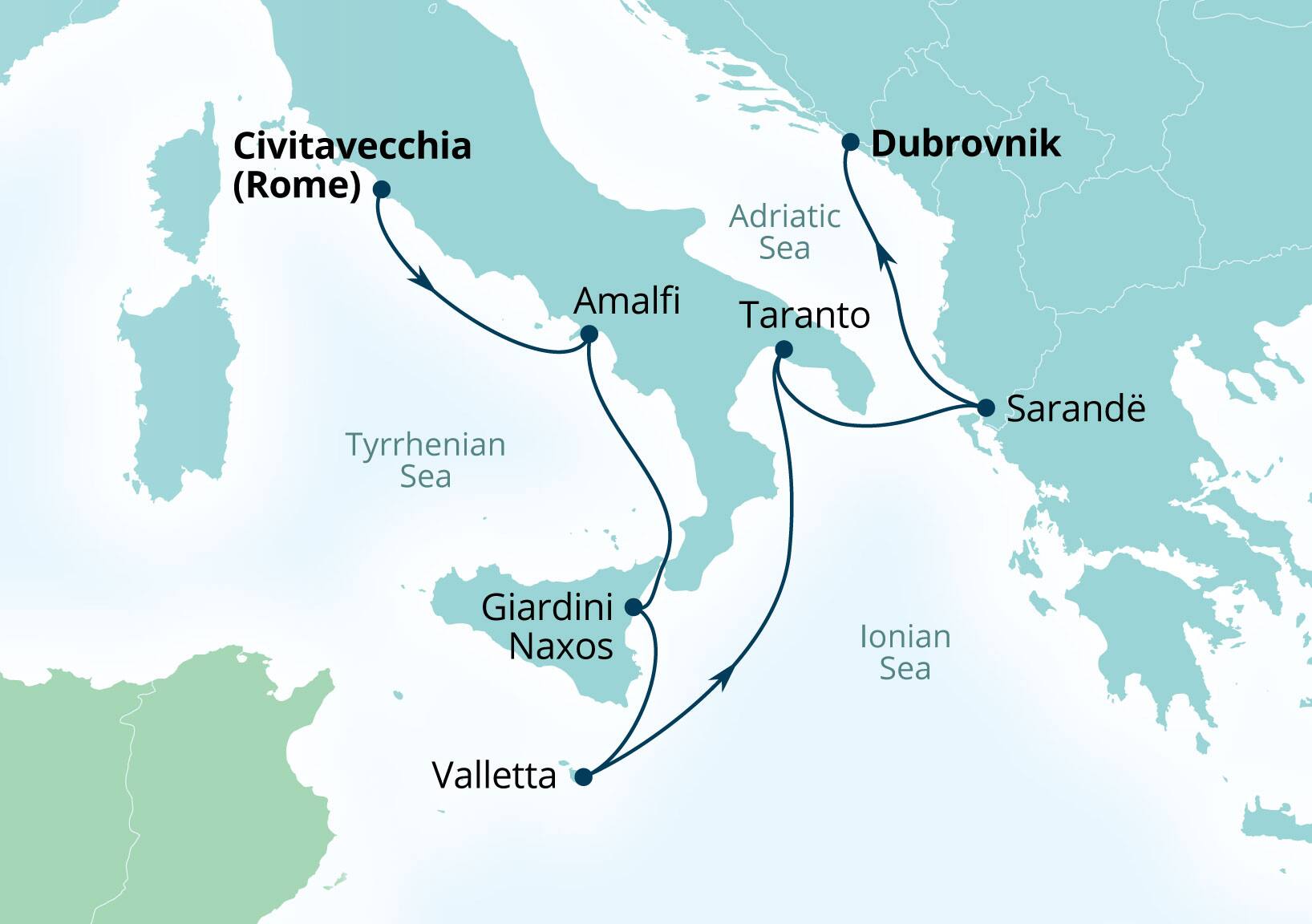 Seabourn Ovation Voyage 8975 Civitavecchia (Rome), Italy to Dubrovnik, Croatia itinerary map, October 13-20 2029