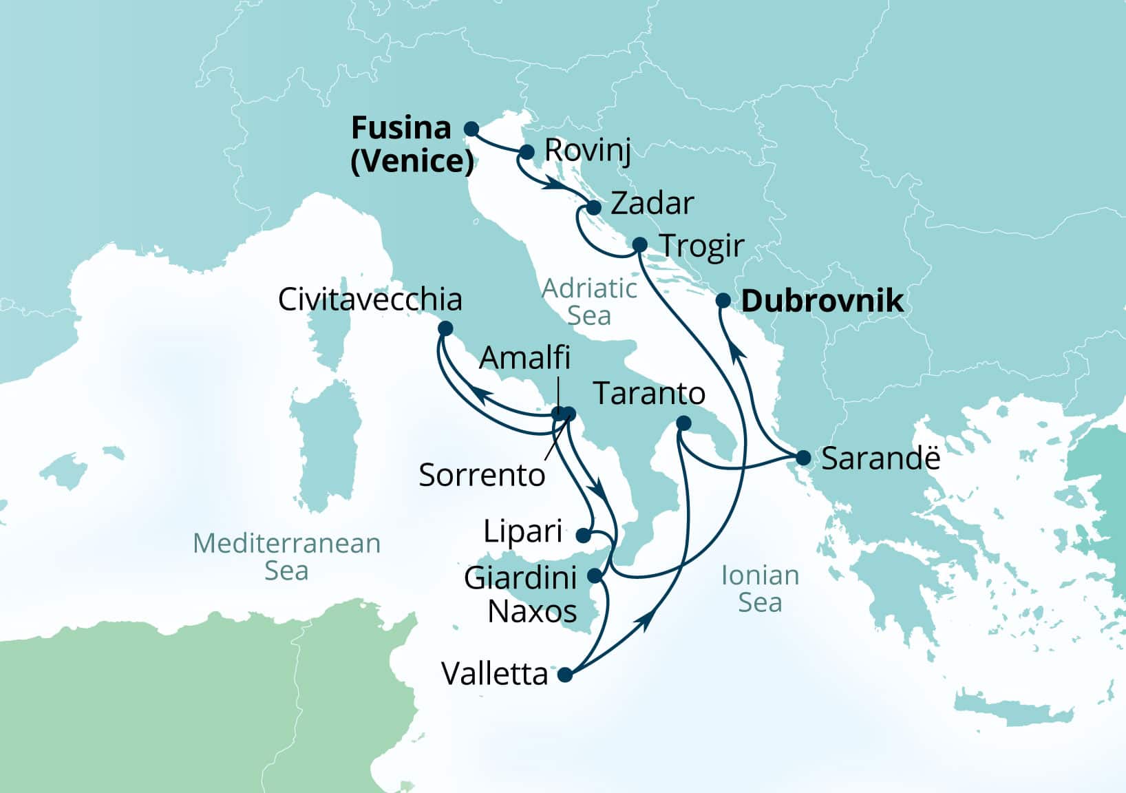 Seabourn Ovation Voyage 8972A Fusina (Venice), Italy to Dubrovnik, Croatia itinerary map, October 6-20 2029