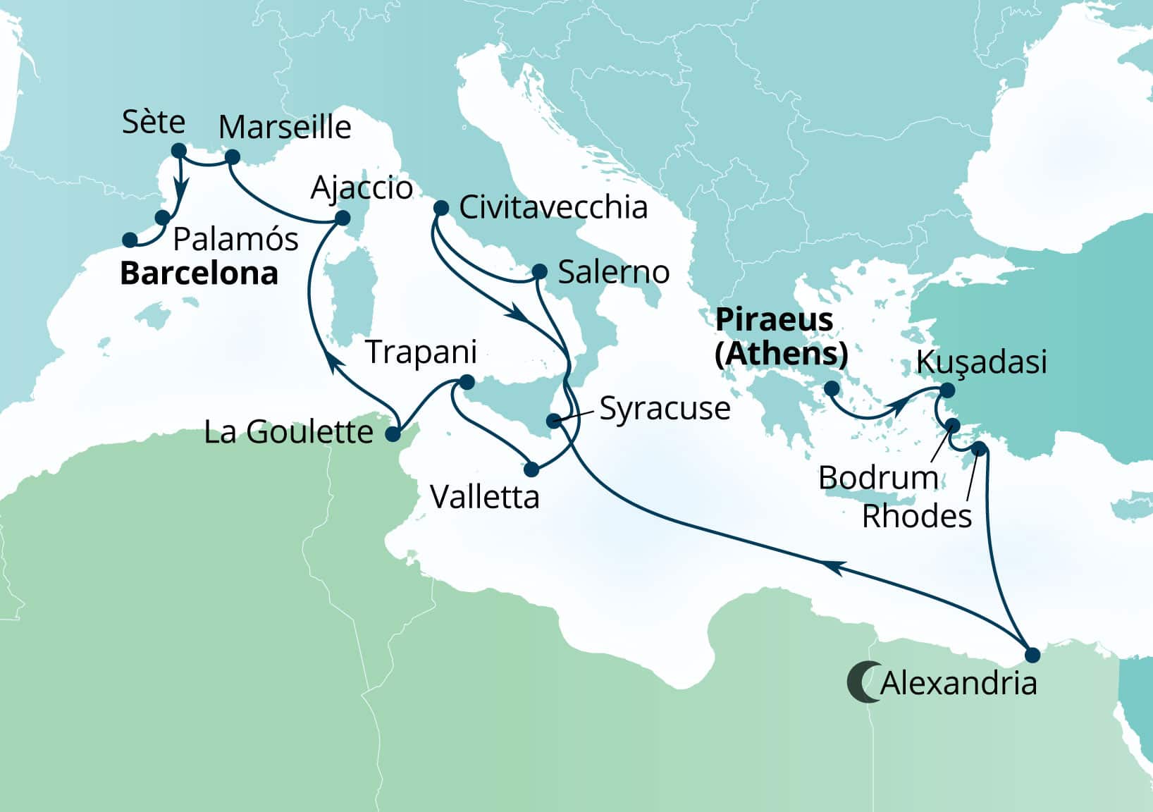 Seabourn Ovation Voyage 8977A Piraeus (Athens), Greece to Barcelona, Spain itinerary map, October 27-November 17 2029