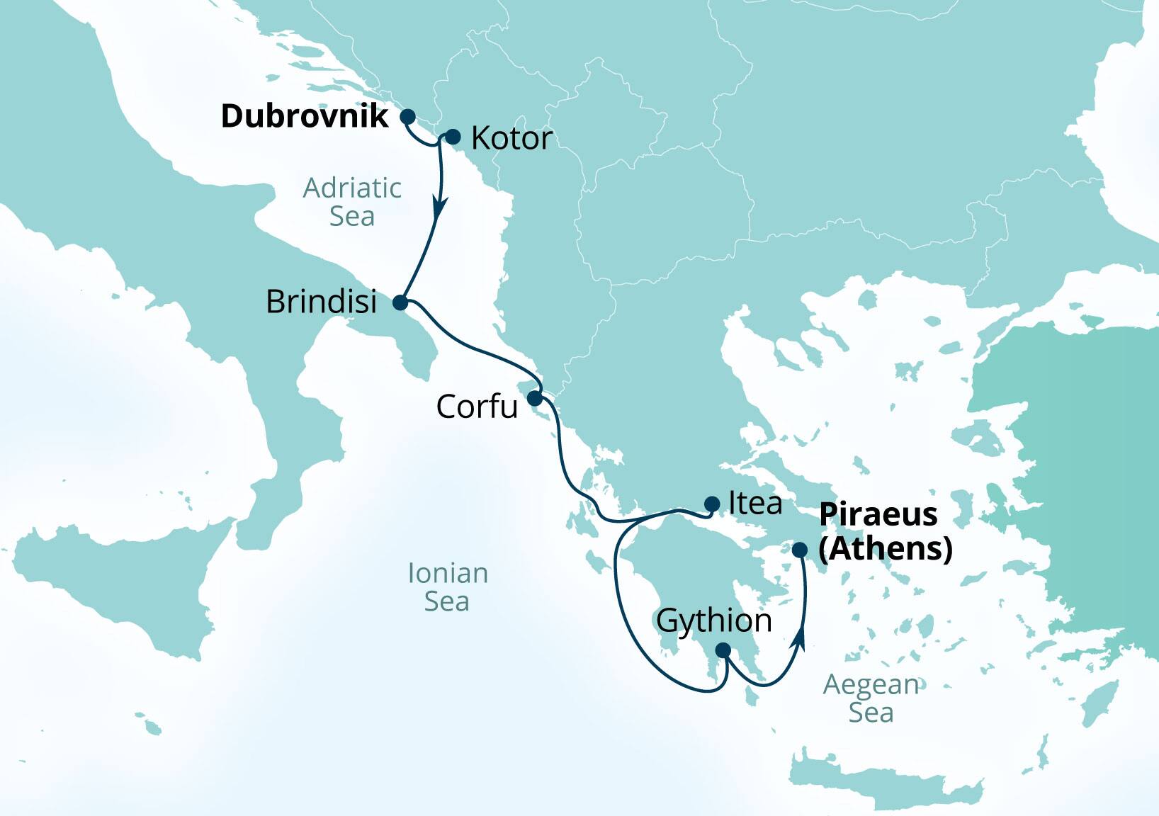 Seabourn Ovation Voyage 8976 Dubrovnik, Croatia to Piraeus (Athens), Greece itinerary map, October 20-27 2029