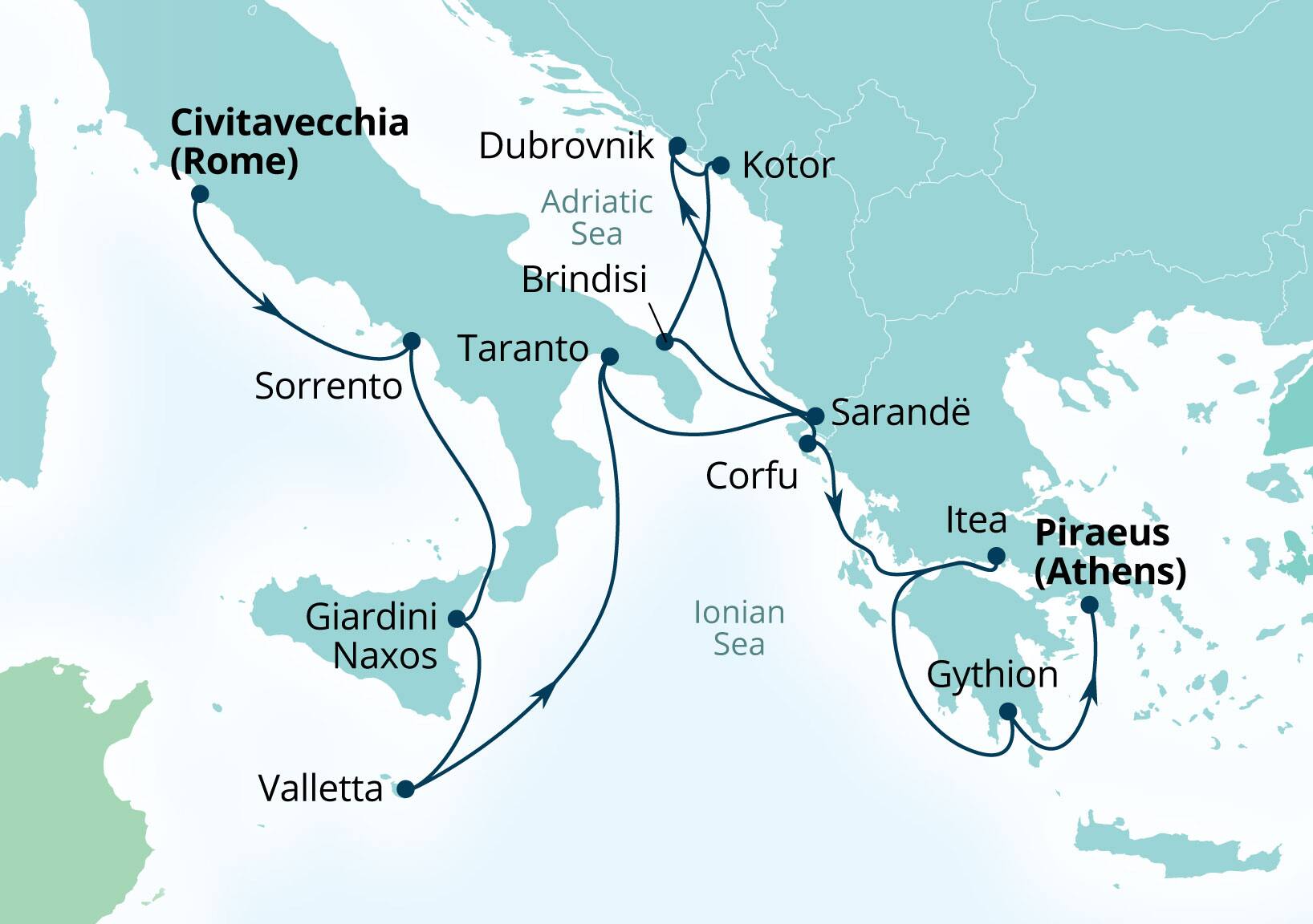 Seabourn Ovation Voyage 8975A Civitavecchia (Rome), Italy to Piraeus (Athens), Greece itinerary map, October 13-27 2029
