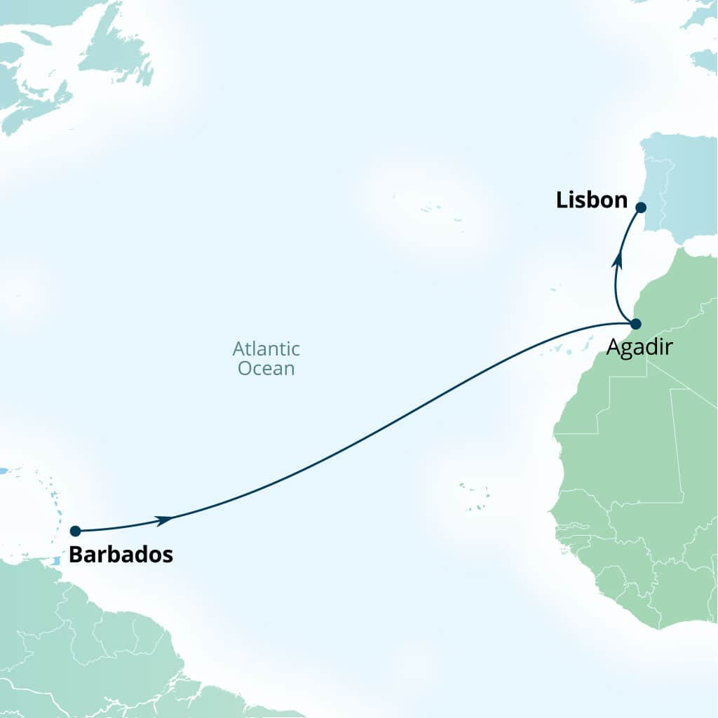Seabourn Ovation 12-day Bridgetown, Barbados to Lisbon, Portugal itinerary map, March 24-April 5 2029