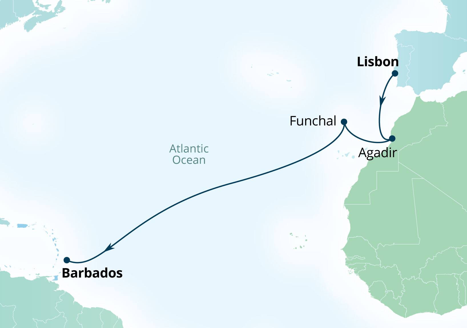 Seabourn Ovation Voyage 8982 Lisbon, Portugal to Bridgetown, Barbados itinerary map, November 26-December 8 2029