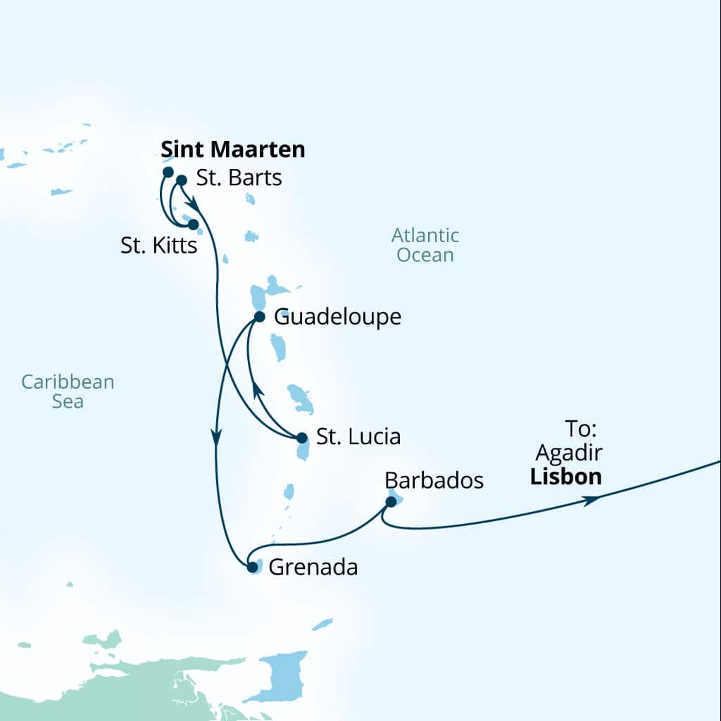 Seabourn Ovation 19-day Philipsburg, Sint Maarten to Lisbon, Portugal itinerary map, March 17-April 5 2029