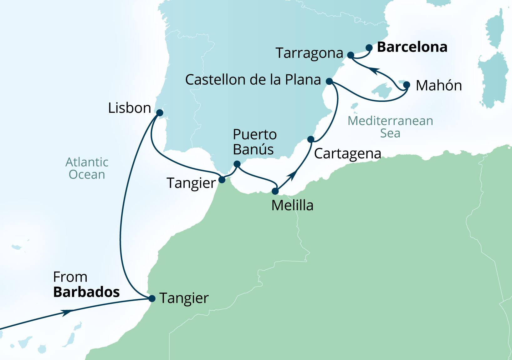 Seabourn Ovation Voyage 8927A Bridgetown, Barbados to Barcelona, Spain itinerary map, March 24-April 14 2029