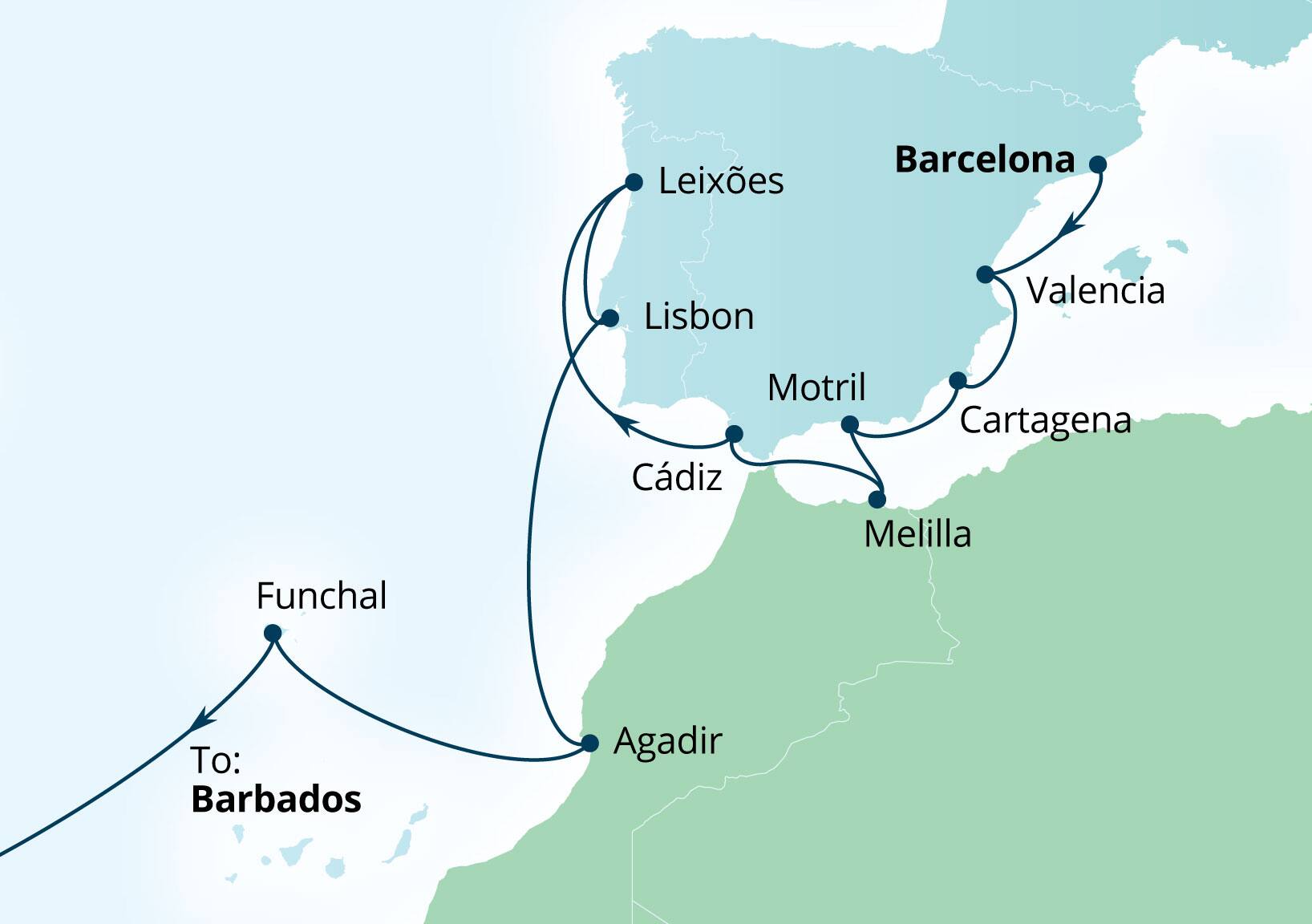 Seabourn Ovation Voyage 8981A Barcelona, Spain to Bridgetown, Barbados itinerary map, November 17-December 8 2029