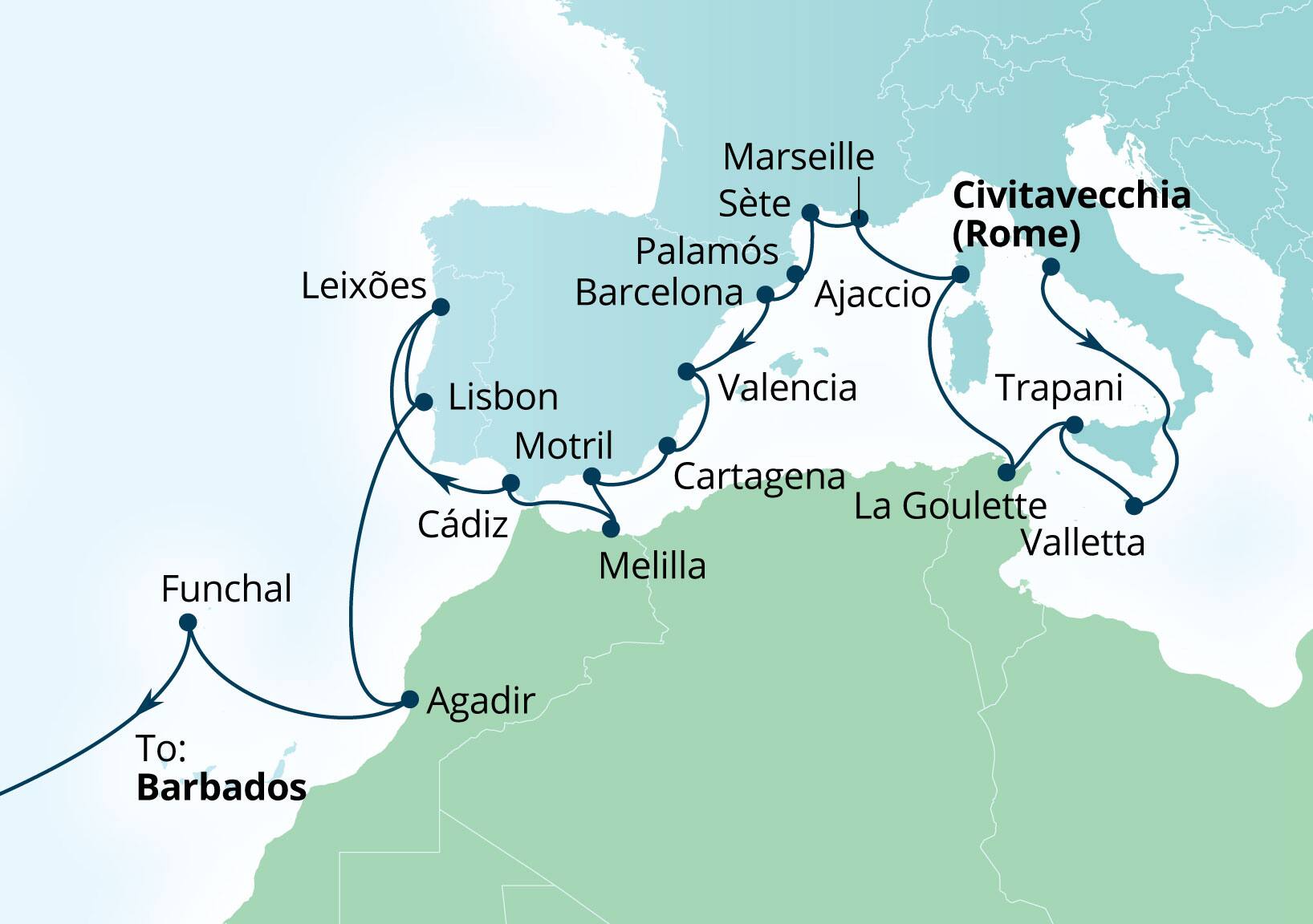 Seabourn Ovation Voyage 8980B Civitavecchia (Rome), Italy to Bridgetown, Barbados itinerary map, November 7-December 8 2029