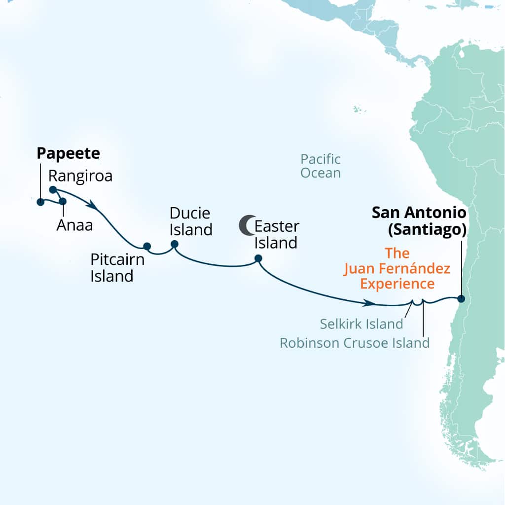 Seabourn Pursuit 19-day Papeete, French Polynesia to San Antonio (Santiago), Chile itinerary map, October 16-November 4 2026