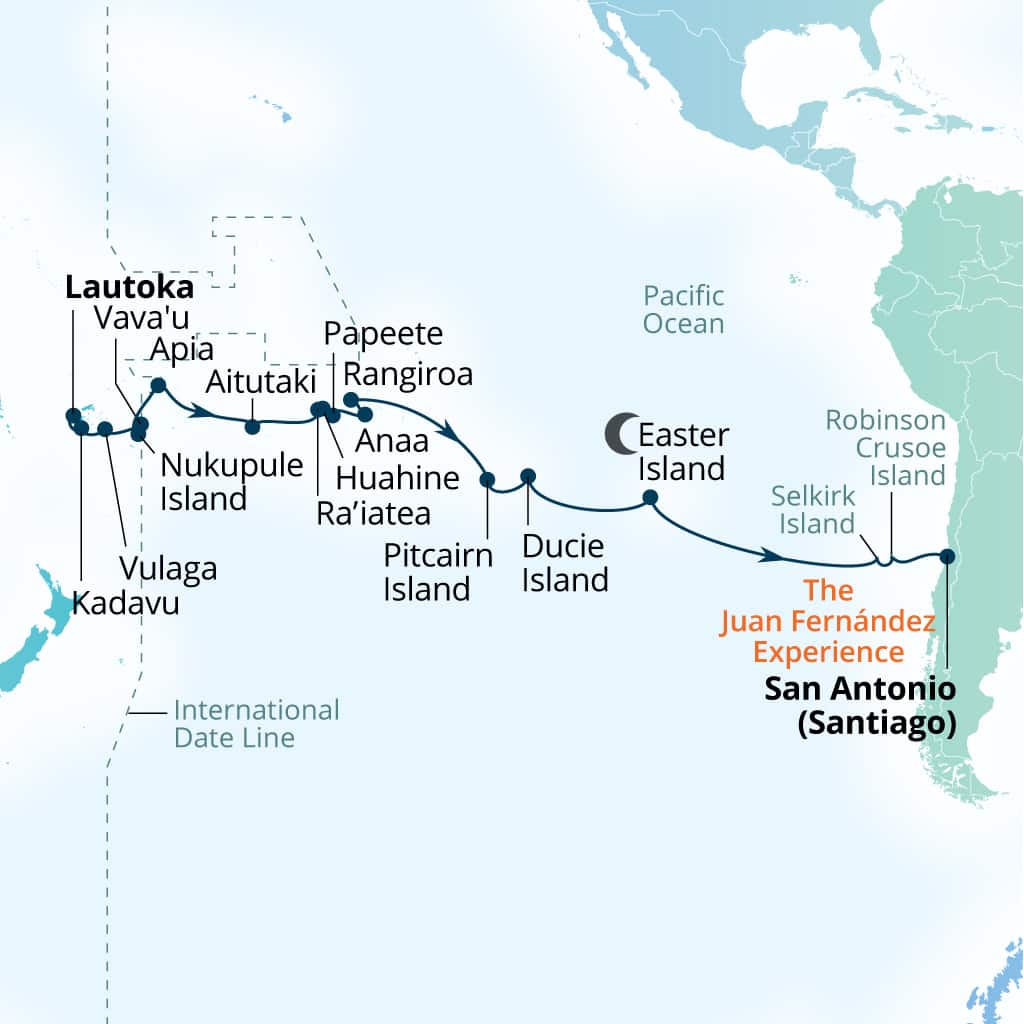 Seabourn Pursuit 32-day Lautoka, Fiji to San Antonio (Santiago), Chile itinerary map, October 4-November 4 2026