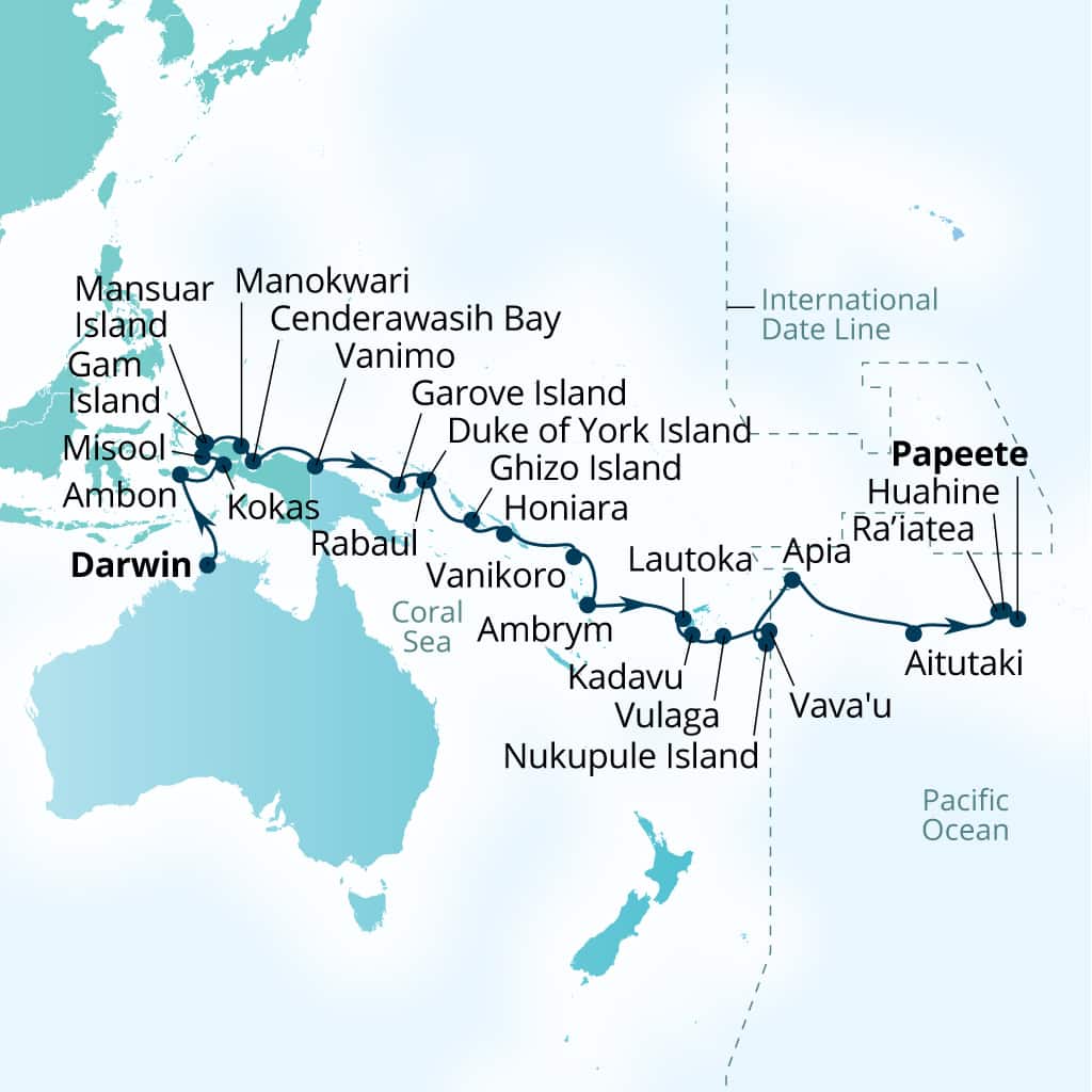 Seabourn Pursuit 35-day Darwin, Australia to Papeete, French Polynesia itinerary map, September 12-October 16 2026