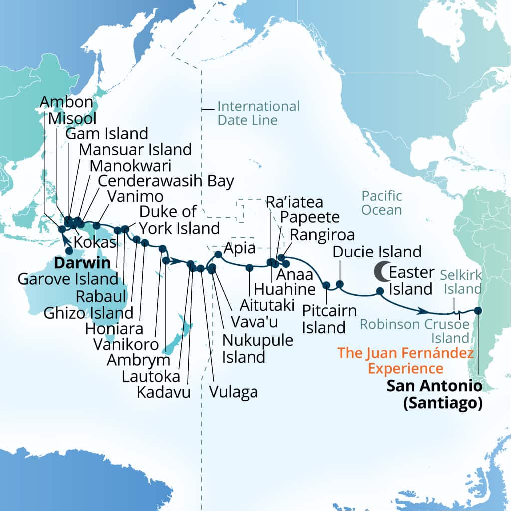 Seabourn Pursuit 54-day Darwin, Australia to San Antonio (Santiago), Chile itinerary map, September 12-November 4 2026