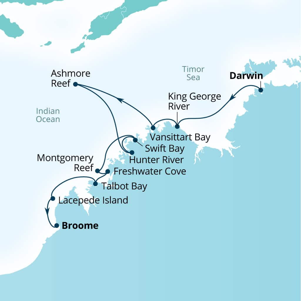 Seabourn Pursuit 10-day Darwin, Australia to Broome, Western Australia, Australia itinerary map, August 23-September 2 2026