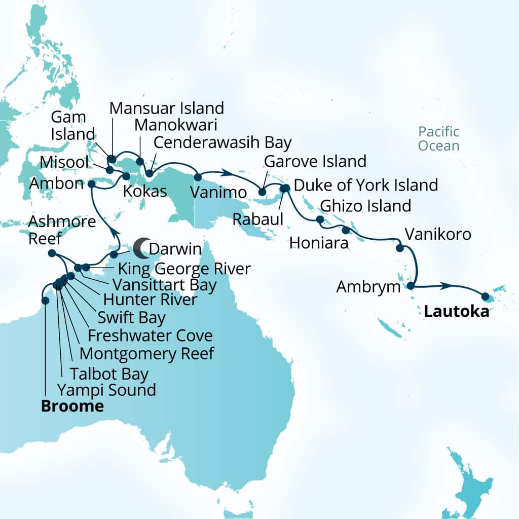 Seabourn Pursuit 32-day Broome, Western Australia, Australia to Lautoka, Fiji itinerary map, September 2-October 4 2026