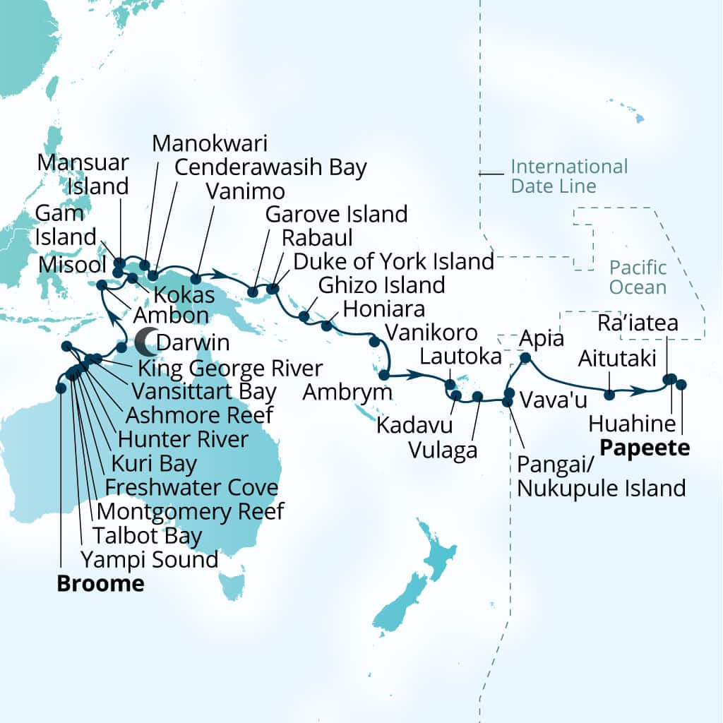 Seabourn Pursuit 45-day Broome, Western Australia, Australia to Papeete, French Polynesia itinerary map, September 2-October 16 2026