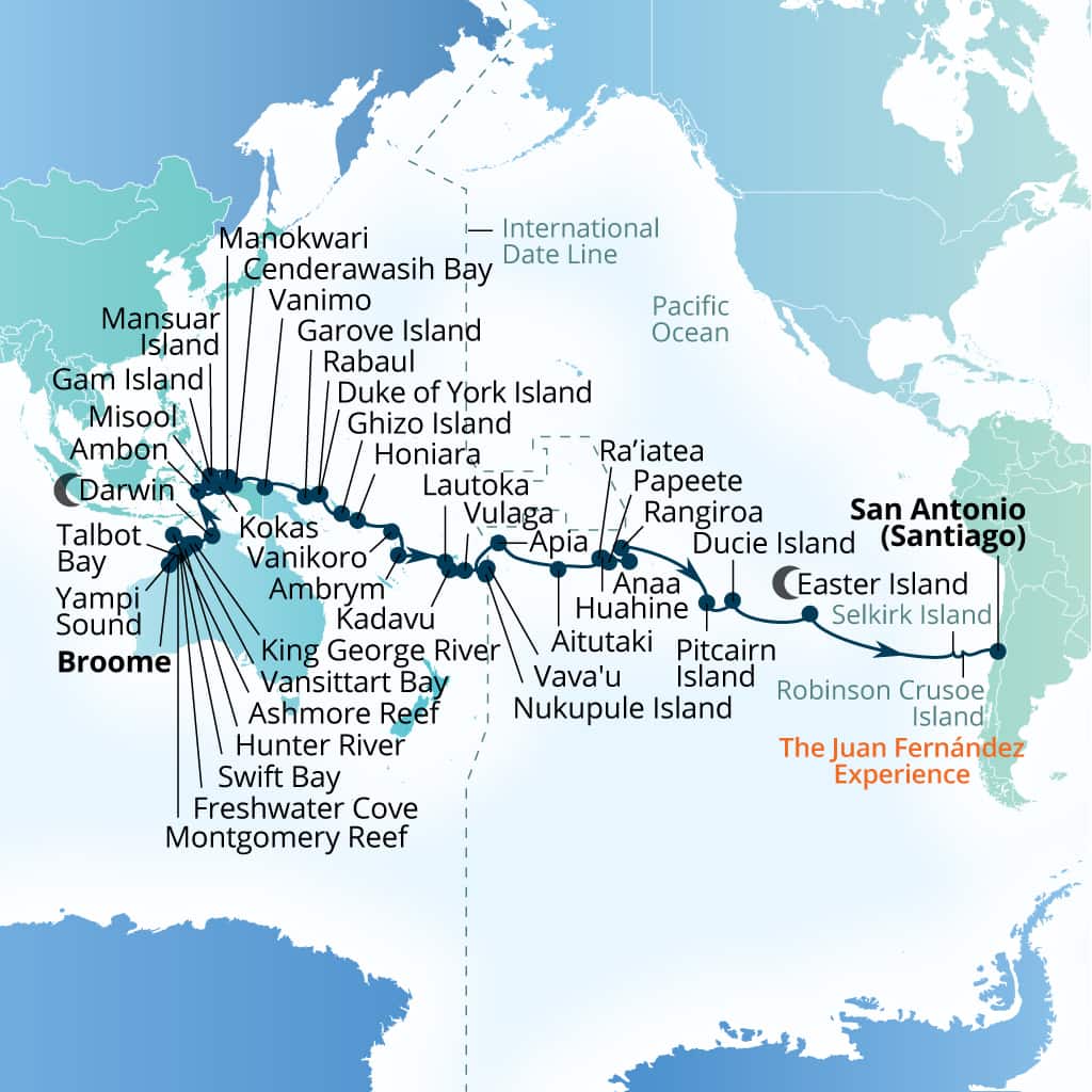 Seabourn Pursuit 64-day Broome, Western Australia, Australia to San Antonio (Santiago), Chile itinerary map, September 2-November 4 2026