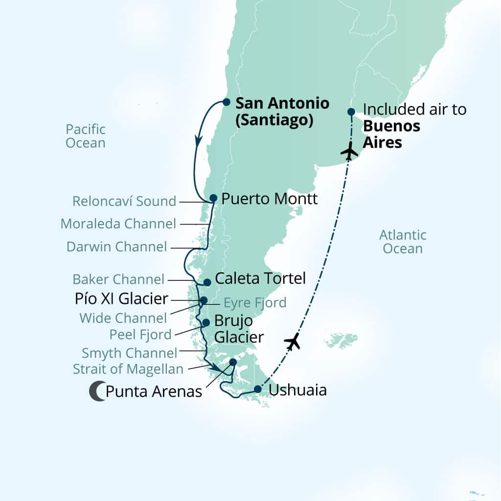 Seabourn Pursuit 10-day San Antonio (Santiago), Chile to Buenos Aires itinerary map, November 12-22 2026
