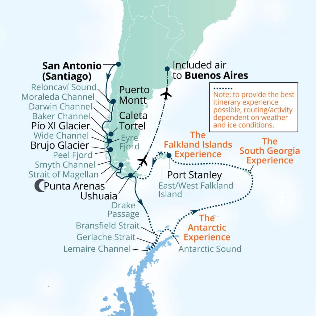 Seabourn Pursuit 30-day San Antonio (Santiago), Chile to Buenos Aires itinerary map, November 12-December 12 2026