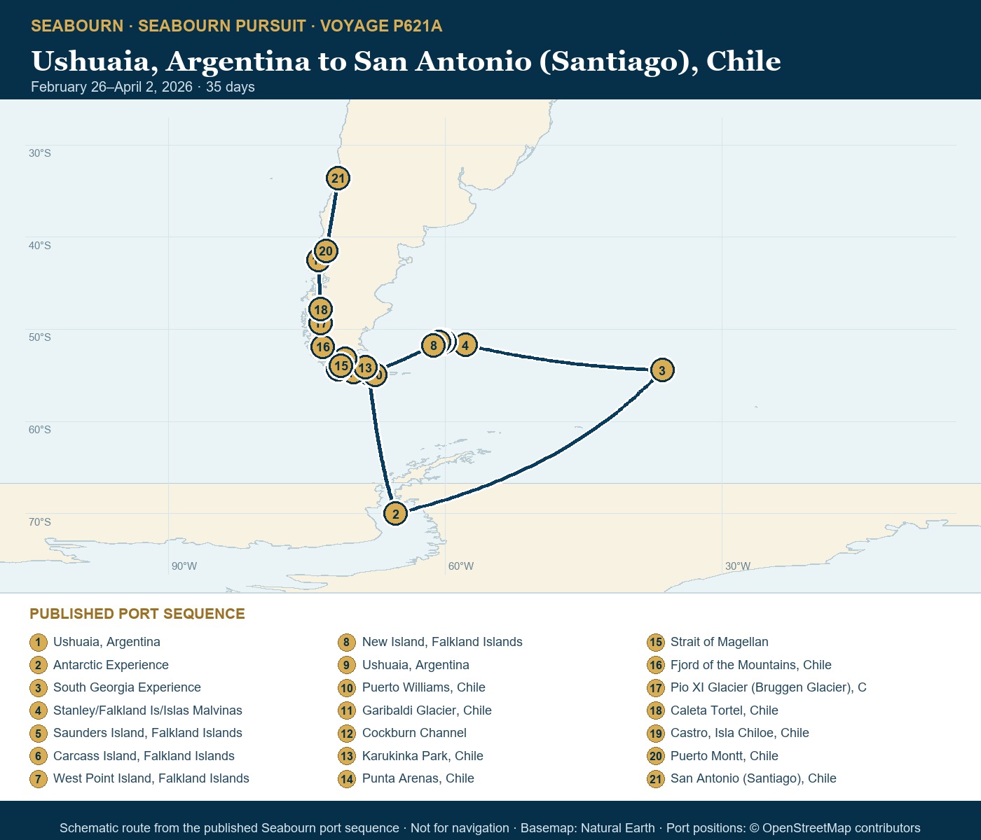 Seabourn Pursuit Voyage P621A Ushuaia, Argentina to San Antonio (Santiago), Chile itinerary map