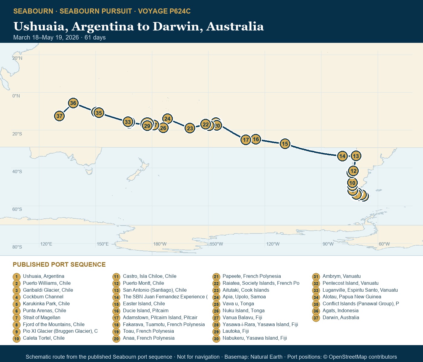 Seabourn Pursuit Voyage P624C Ushuaia, Argentina to Darwin, Australia itinerary map