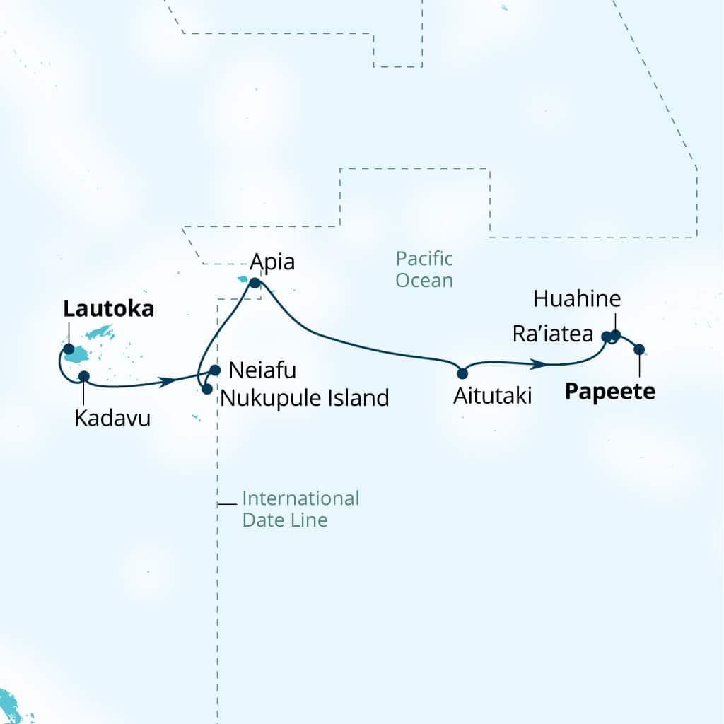 Seabourn Pursuit 13-day Lautoka, Fiji to Papeete, French Polynesia itinerary map, September 17-29 2027