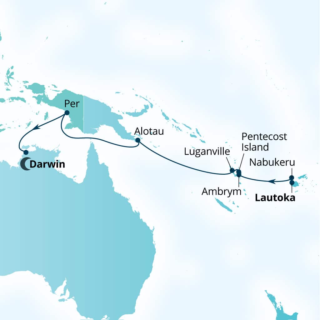 Seabourn Pursuit 16-day Lautoka, Fiji to Darwin, Australia itinerary map, May 8-24 2027