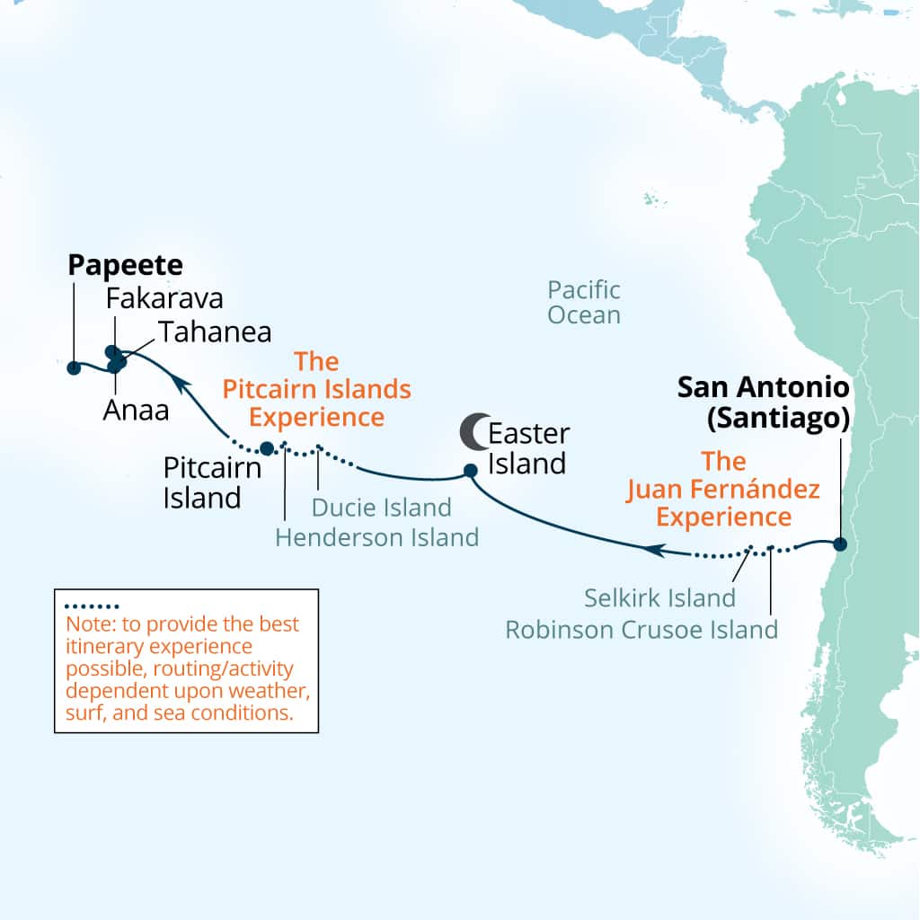 Seabourn Pursuit 19-day San Antonio (Santiago), Chile to Papeete, French Polynesia itinerary map, April 7-26 2027