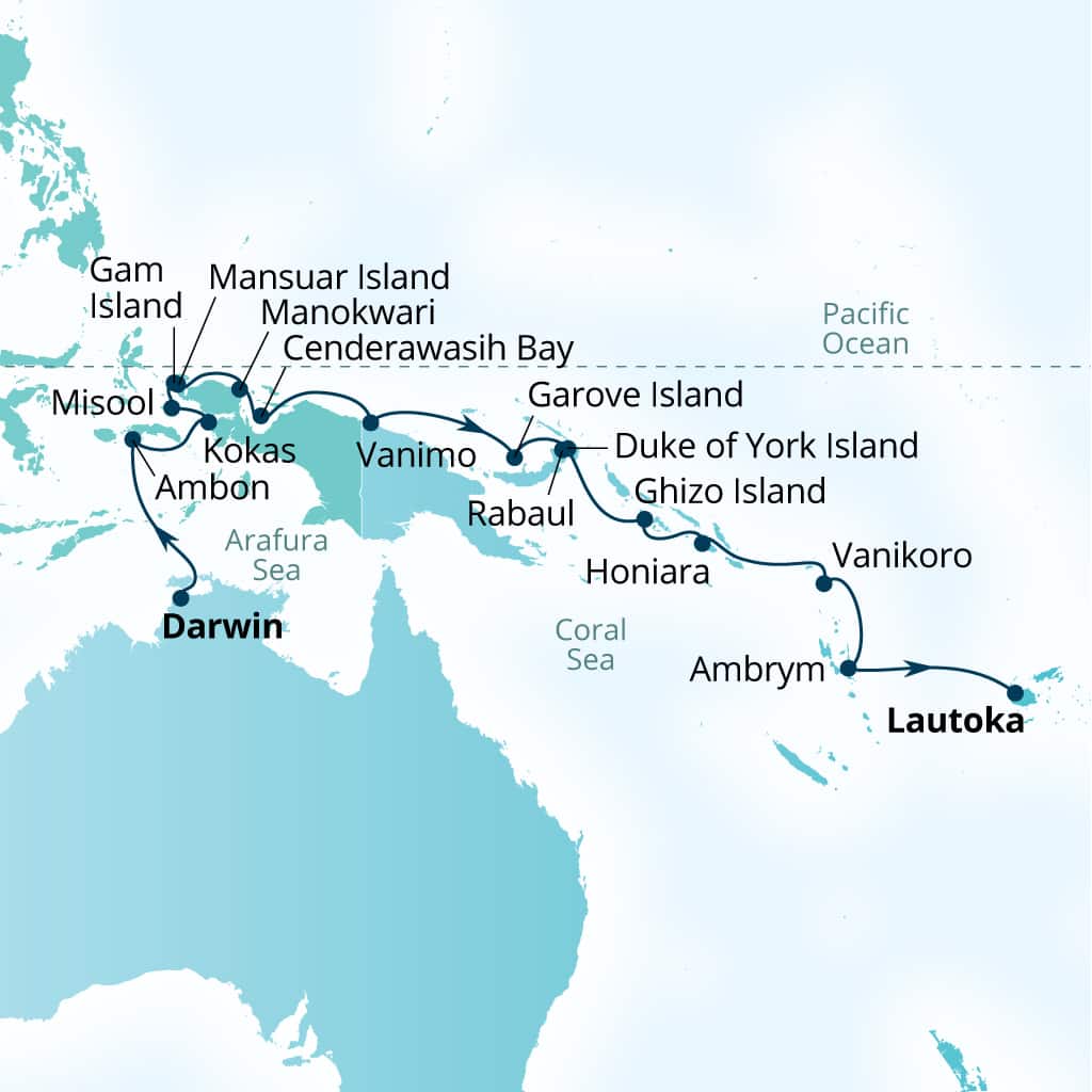 Seabourn Pursuit 22-day Darwin, Australia to Lautoka, Fiji itinerary map, August 26-September 17 2027