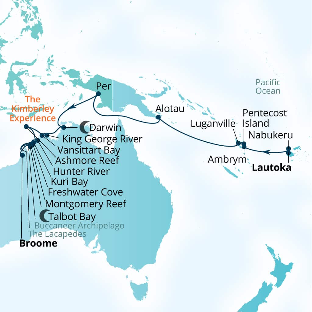 Seabourn Pursuit 26-day Lautoka, Fiji to Broome, Western Australia, Australia itinerary map, May 8-June 3 2027