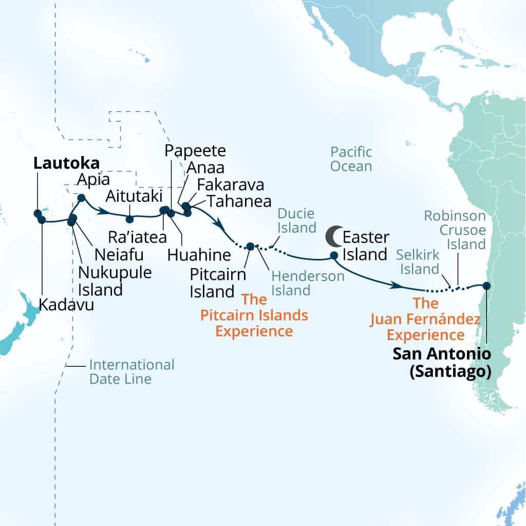 Seabourn Pursuit 32-day Lautoka, Fiji to San Antonio (Santiago), Chile itinerary map, September 17-October 18 2027