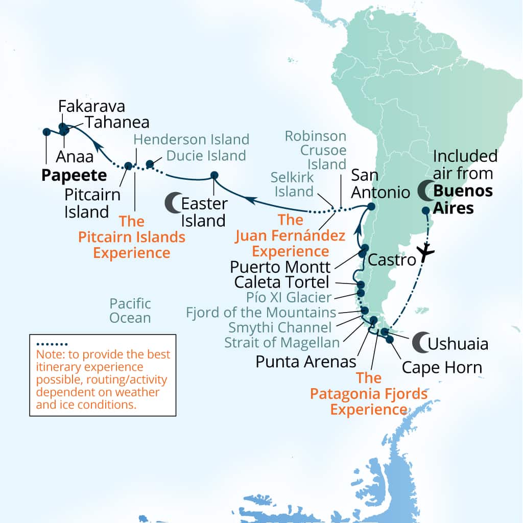Seabourn Pursuit 34-day Buenos Aires to Papeete, French Polynesia itinerary map, March 23-April 26 2027