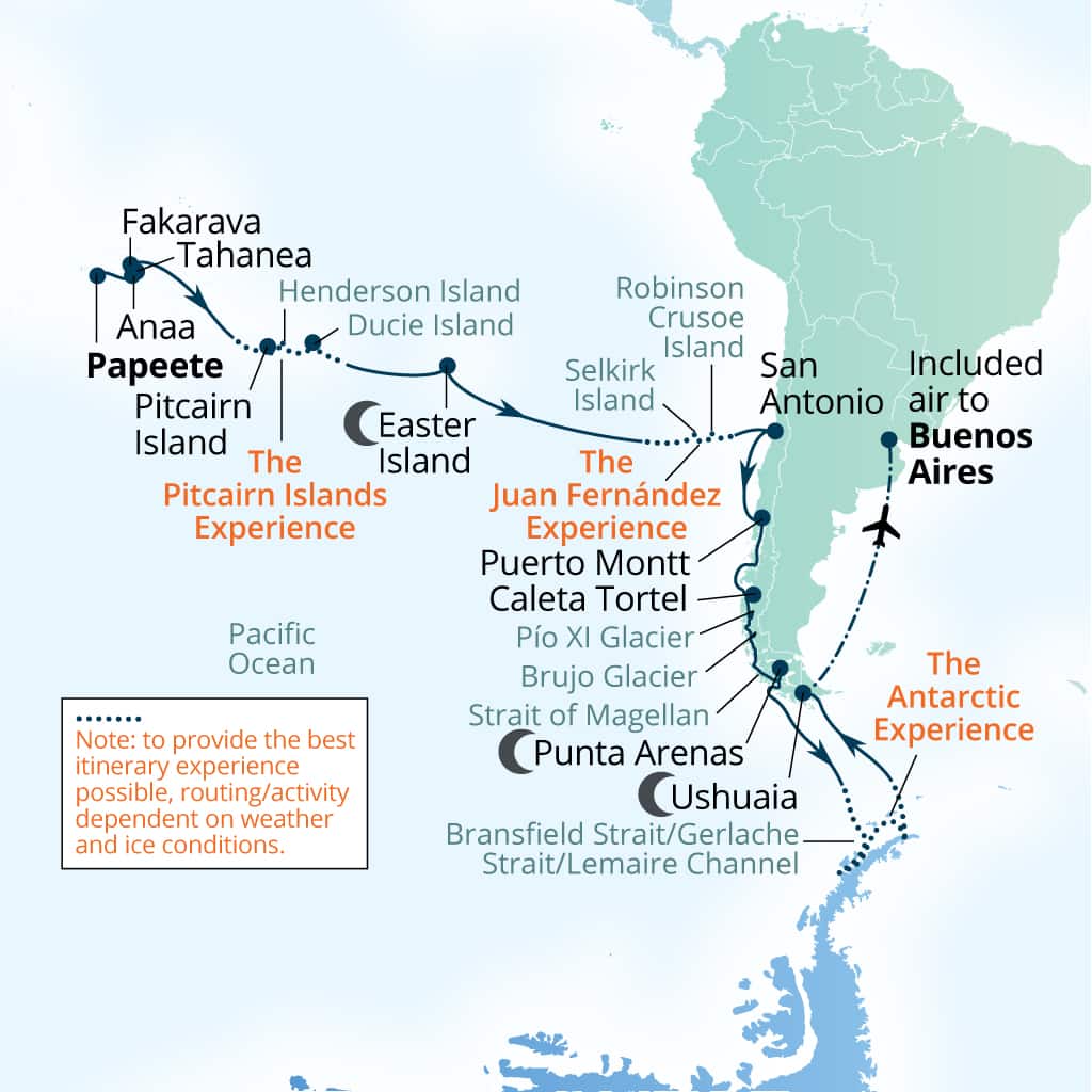 Seabourn Pursuit 37-day Papeete, French Polynesia to Buenos Aires itinerary map, September 29-November 5 2027