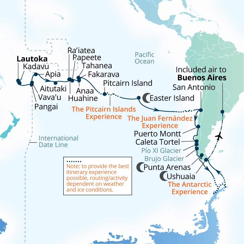 Seabourn Pursuit 49-day Lautoka, Fiji to Buenos Aires itinerary map, September 17-November 5 2027