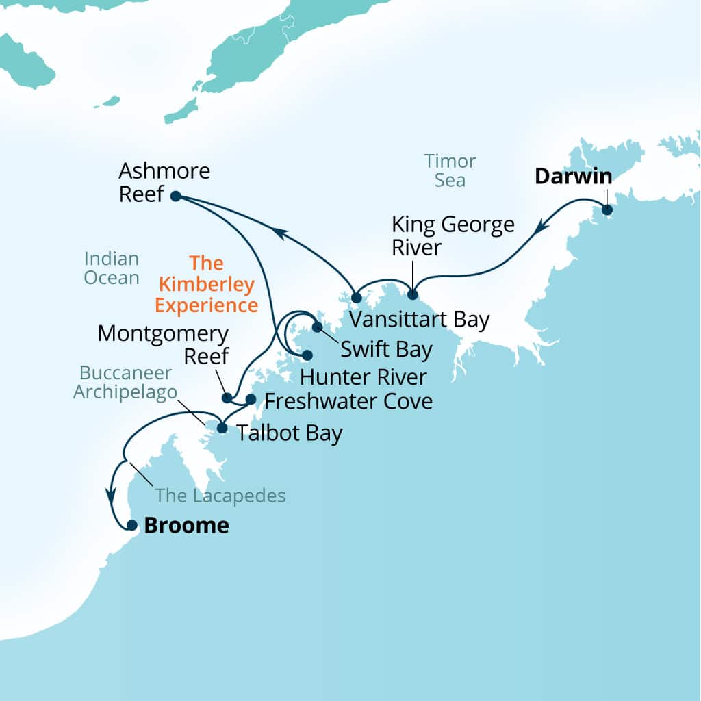 Seabourn Pursuit 10-day Darwin, Australia to Broome, Western Australia, Australia itinerary map, July 1-11 2027