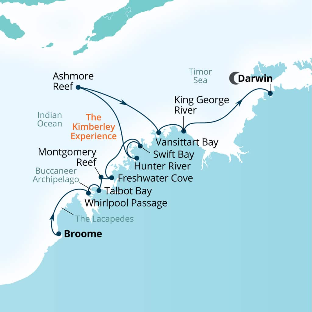 Seabourn Pursuit 10-day Broome, Western Australia, Australia to Darwin, Australia itinerary map, August 16-26 2027