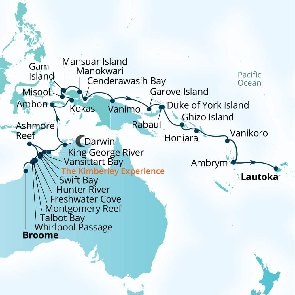 Seabourn Pursuit 32-day Broome, Western Australia, Australia to Lautoka, Fiji itinerary map, August 16-September 17 2027