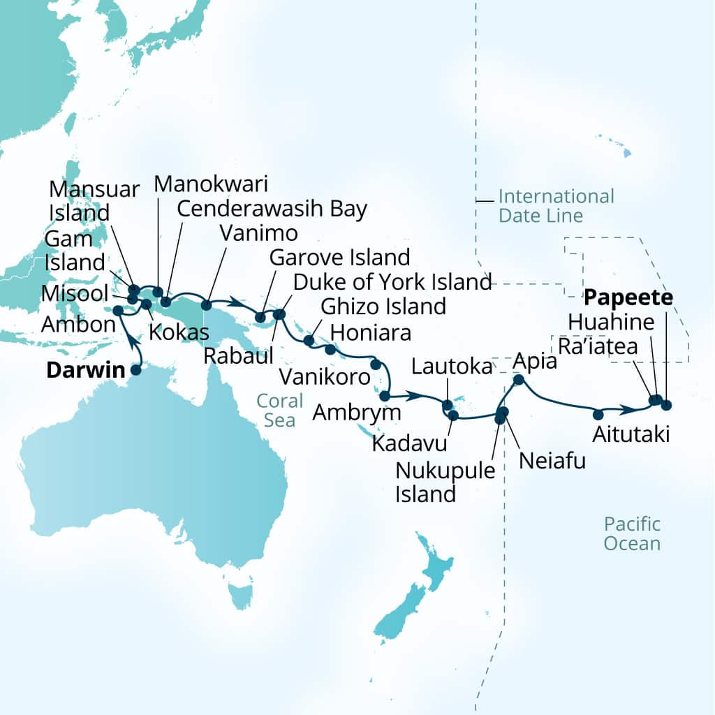 Seabourn Pursuit 35-day Darwin, Australia to Papeete, French Polynesia itinerary map, August 26-September 29 2027
