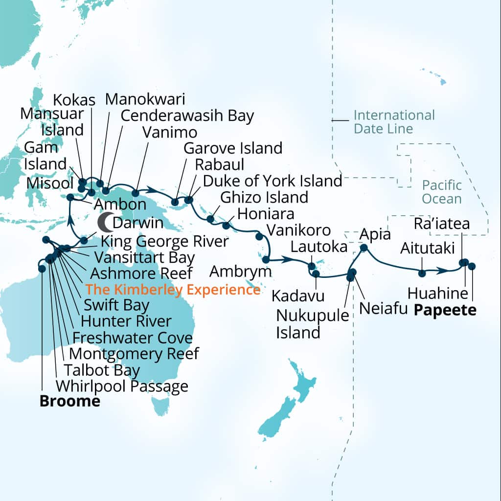 Seabourn Pursuit 45-day Broome, Western Australia, Australia to Papeete, French Polynesia itinerary map, August 16-September 29 2027