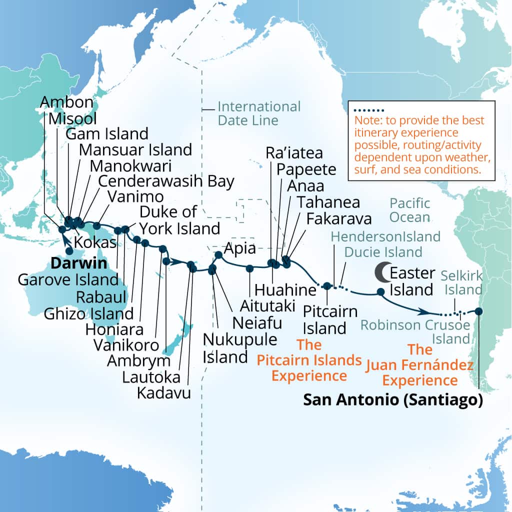 Seabourn Pursuit 54-day Darwin, Australia to San Antonio (Santiago), Chile itinerary map, August 26-October 18 2027