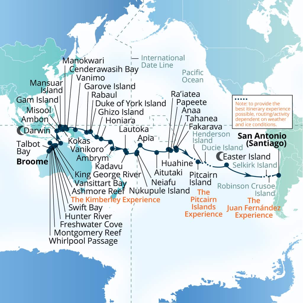 Seabourn Pursuit 64-day Broome, Western Australia, Australia to San Antonio (Santiago), Chile itinerary map, August 16-October 18 2027