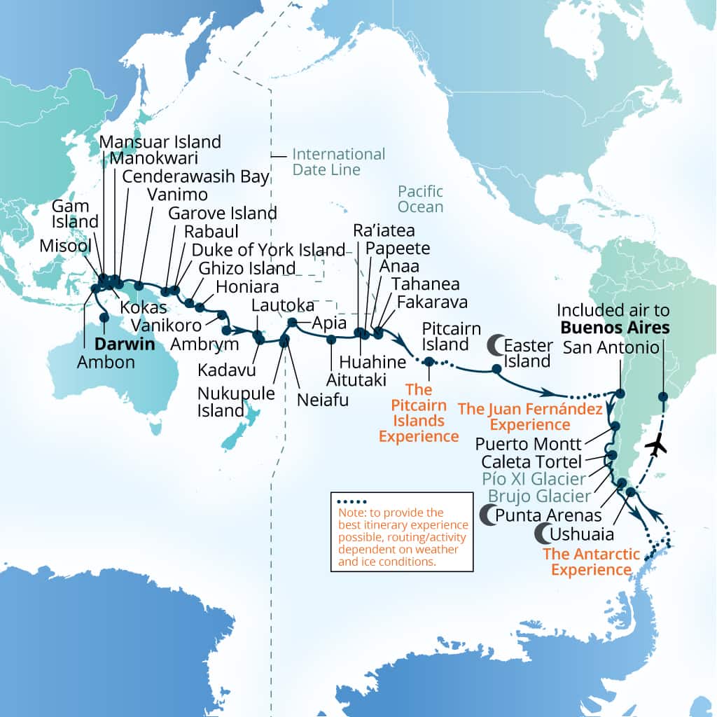 Seabourn Pursuit 71-day Darwin, Australia to Buenos Aires itinerary map, August 26-November 5 2027