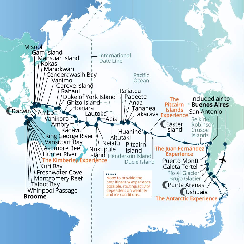 Seabourn Pursuit 81-day Broome, Western Australia, Australia to Buenos Aires itinerary map, August 16-November 5 2027