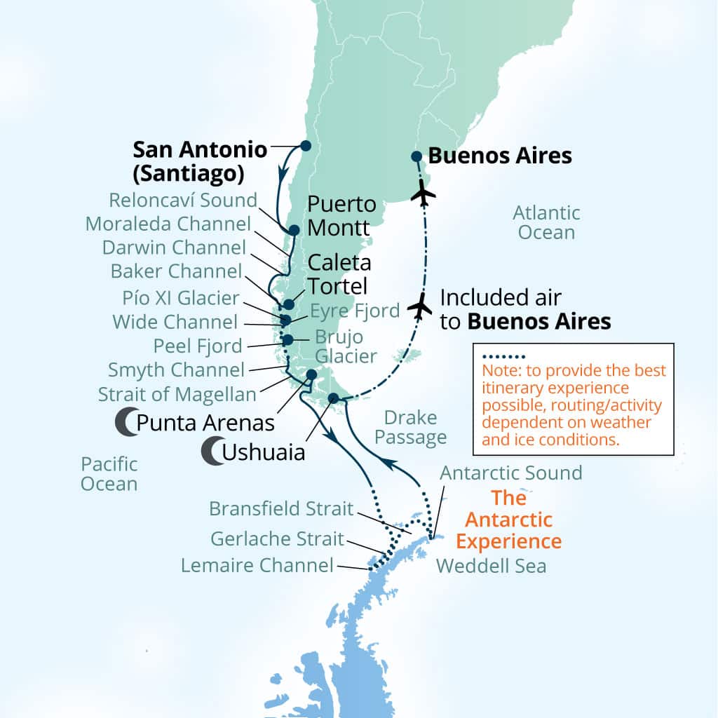 Seabourn Pursuit 18-day San Antonio (Santiago), Chile to Buenos Aires itinerary map, October 18-November 5 2027