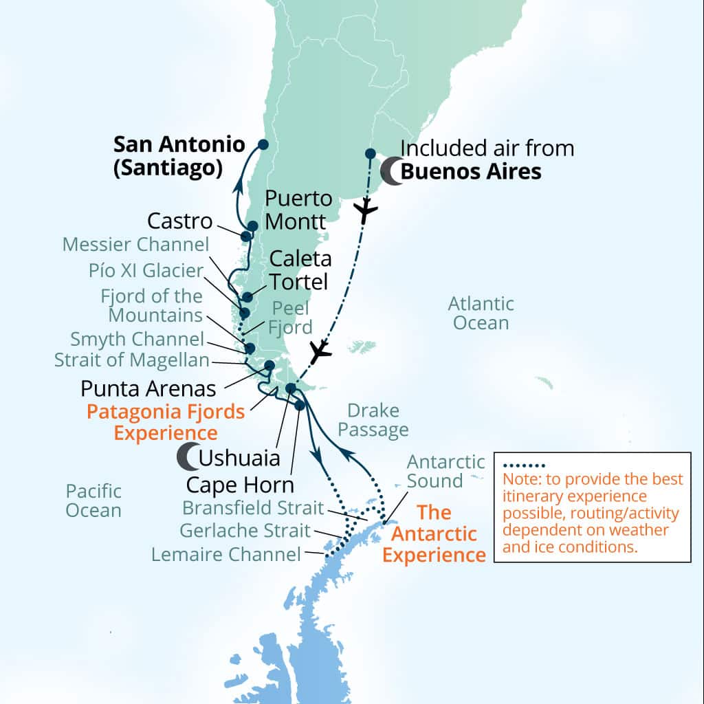 Seabourn Pursuit 25-day Buenos Aires to San Antonio (Santiago), Chile itinerary map, March 13-April 7 2027