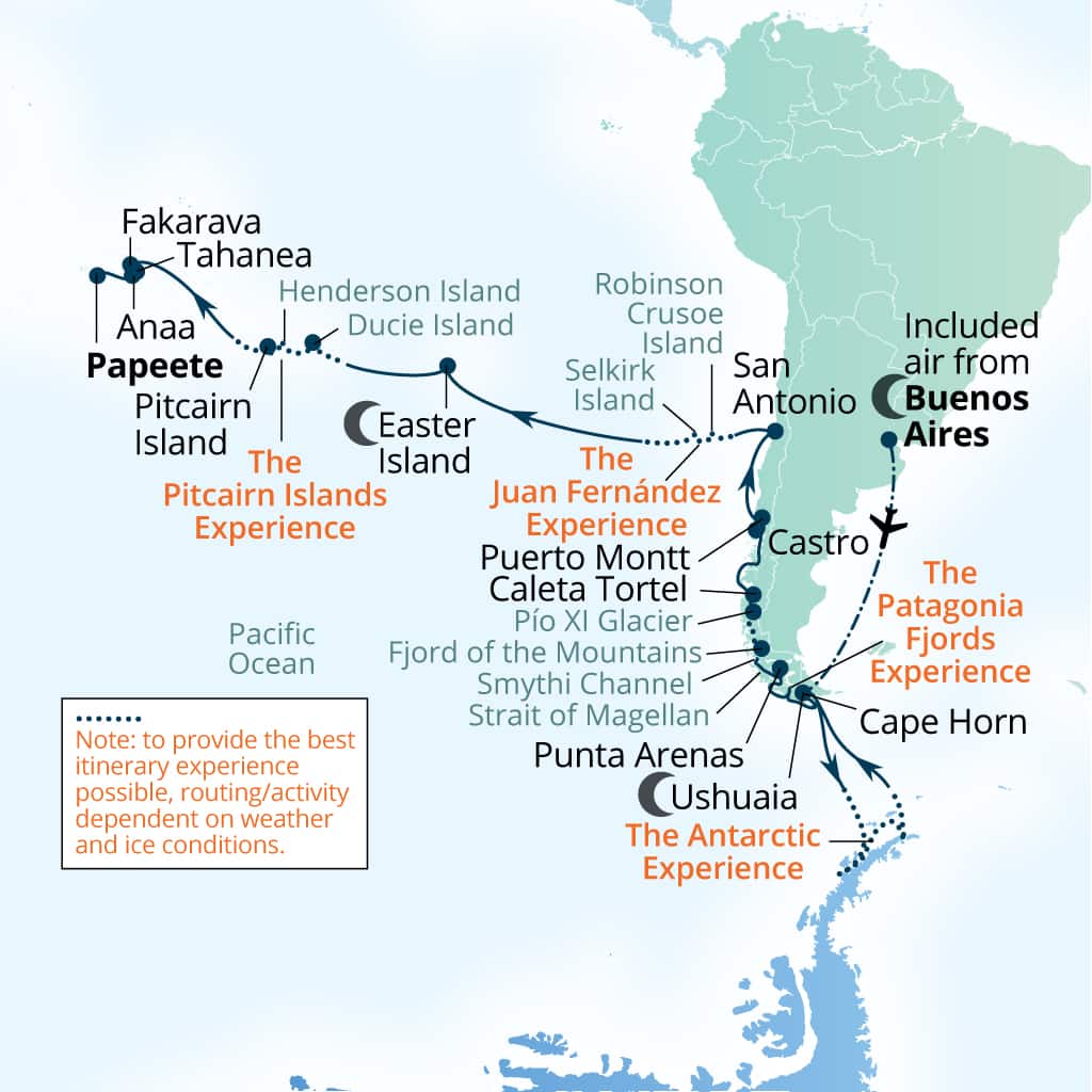 Seabourn Pursuit 44-day Buenos Aires to Papeete, French Polynesia itinerary map, March 13-April 26 2027